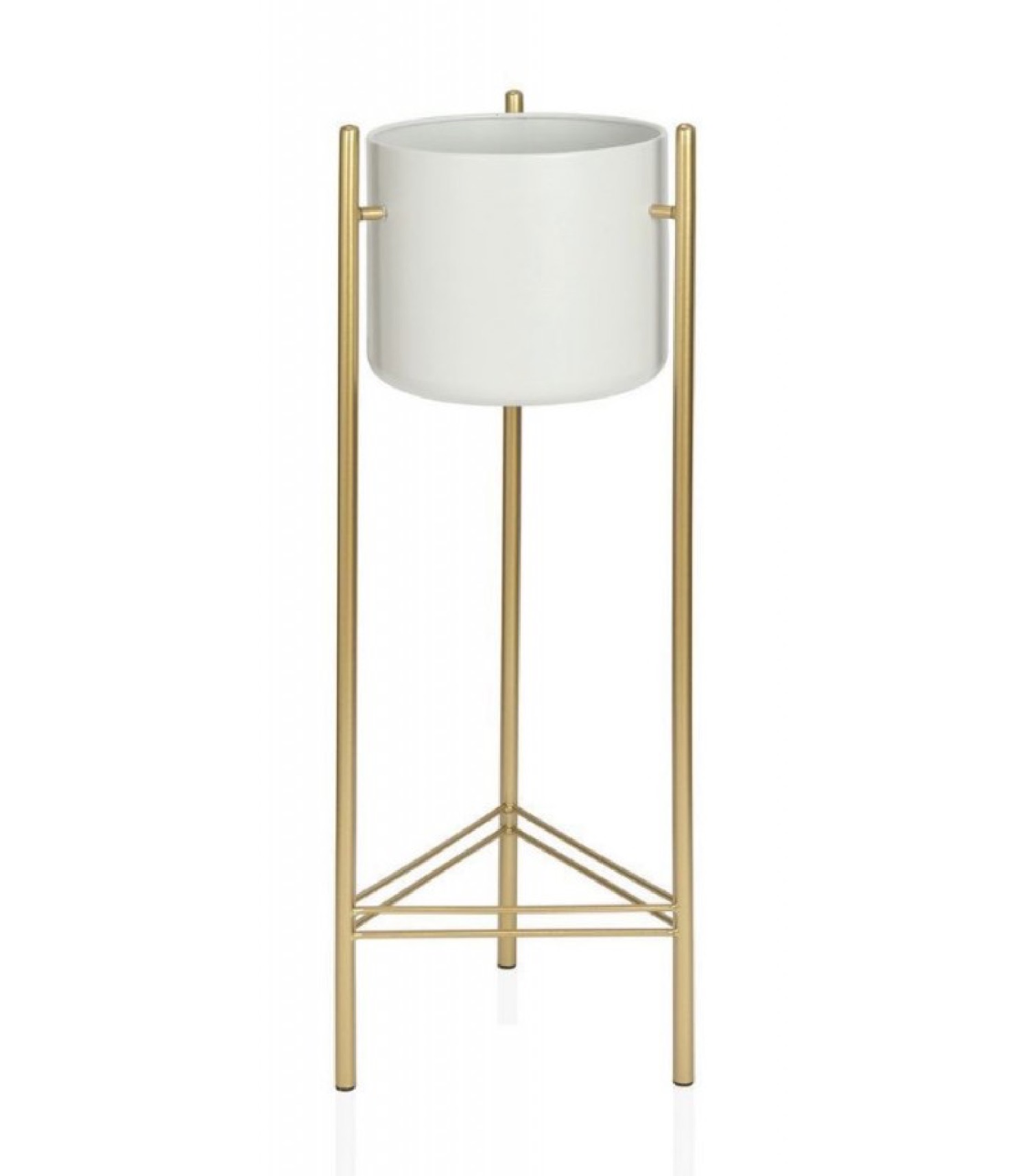 Cache-pot sur pied en métal doré et pot blanc H80cm
