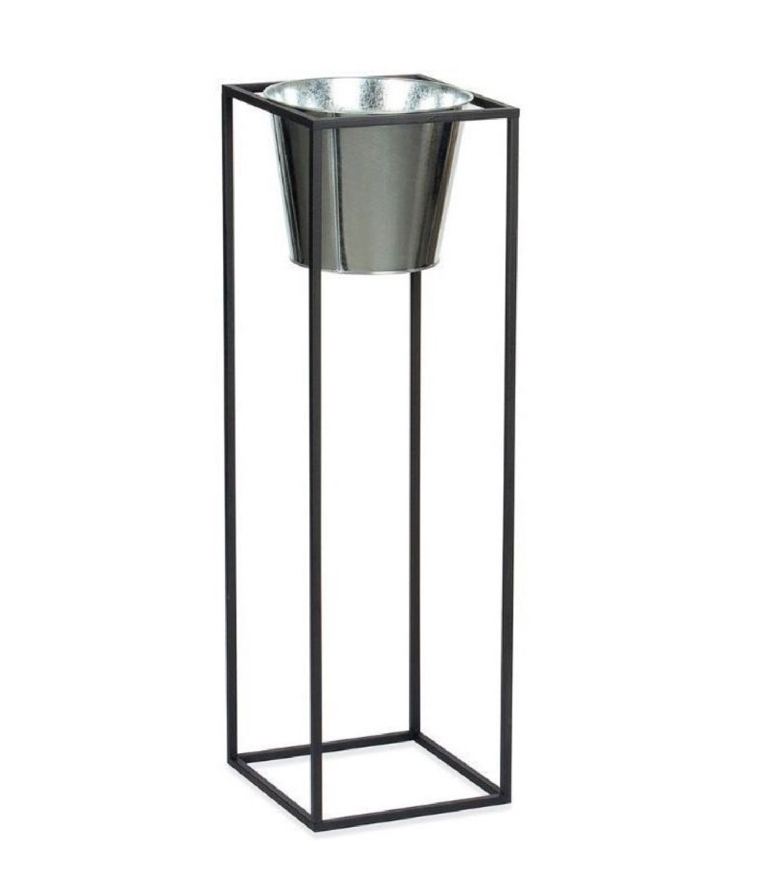 Cache-pot sur pied en métal noir et pot argenté H80cm (photo) Cache-pot sur pied en métal noir et pot argenté H80cm
