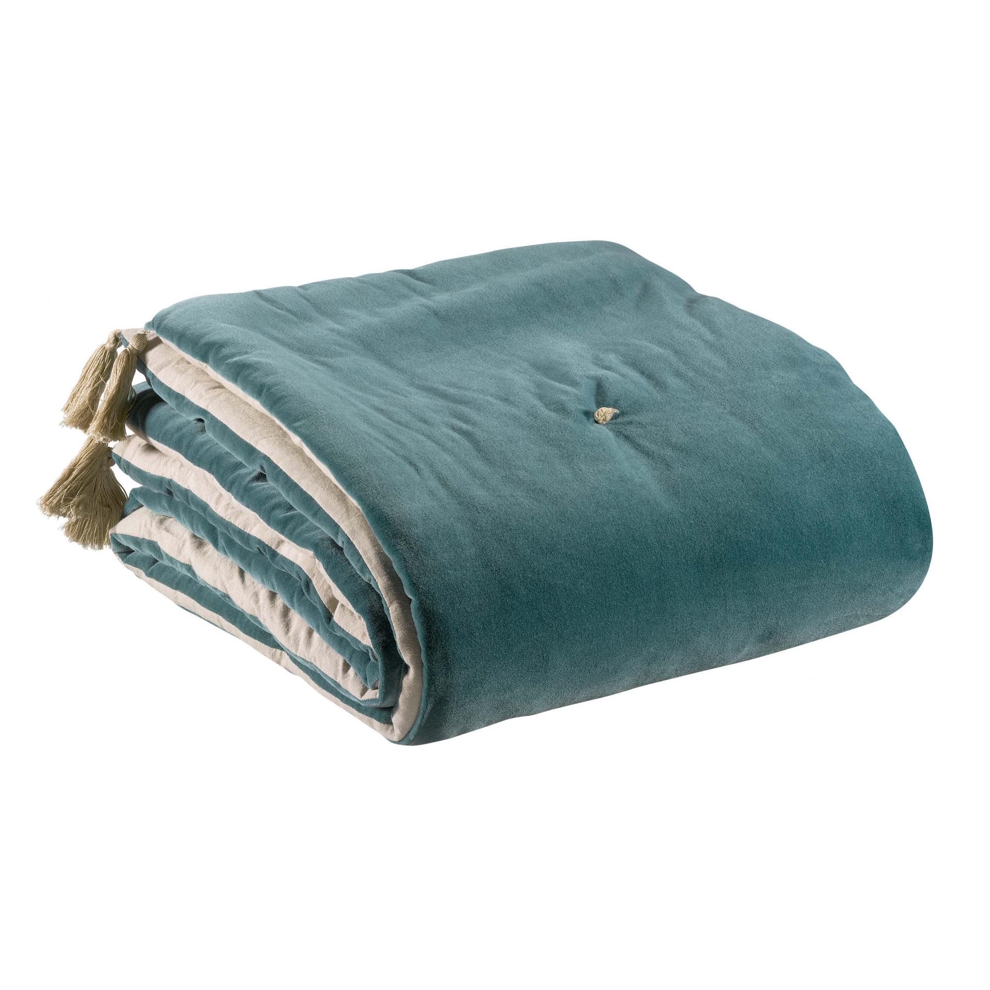Edredon pompons en coton vert de gris 80 x 180 Edredon pompons en coton vert de gris 80 x 180