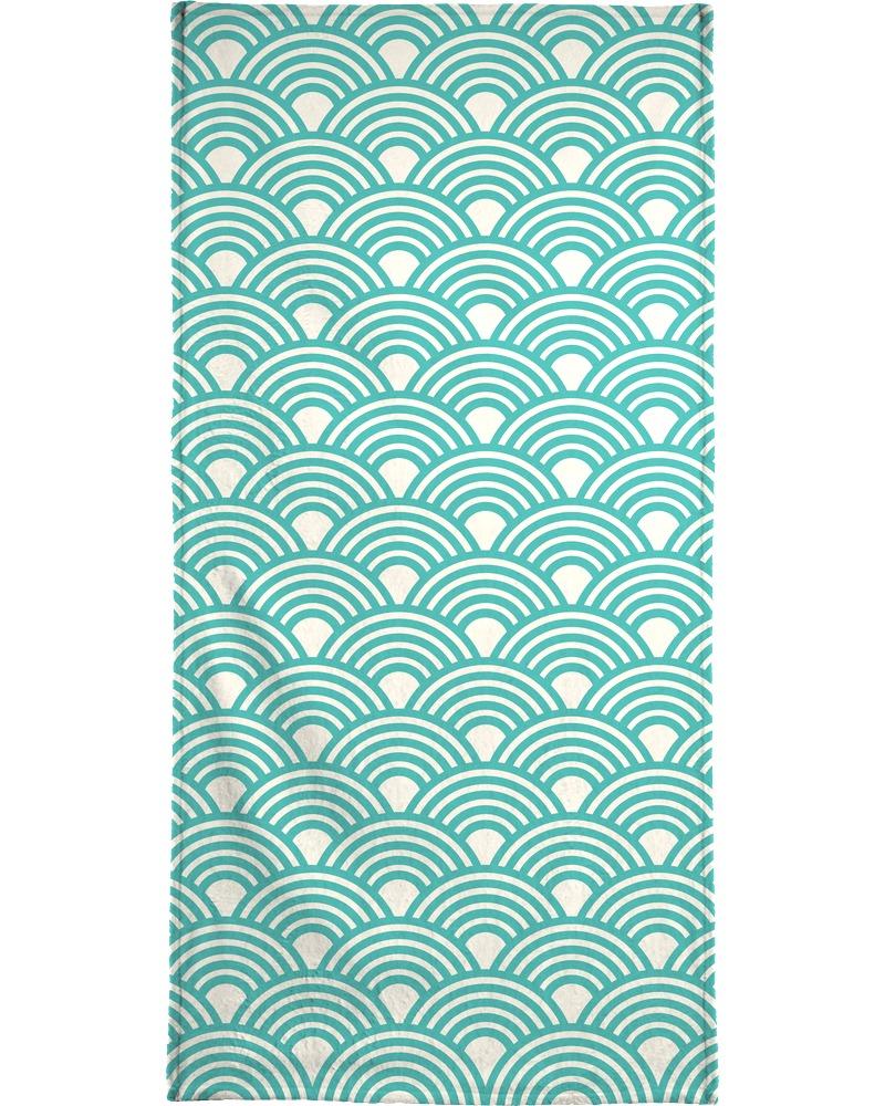 Serviette de plage en éponge-velours en Blanc & Turquoise/90x180