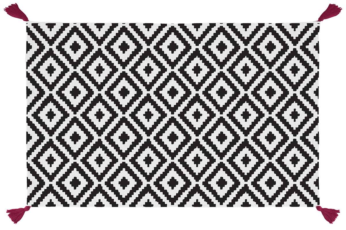 tapis de bain "graphisme et pompons" coton noir/blanc x