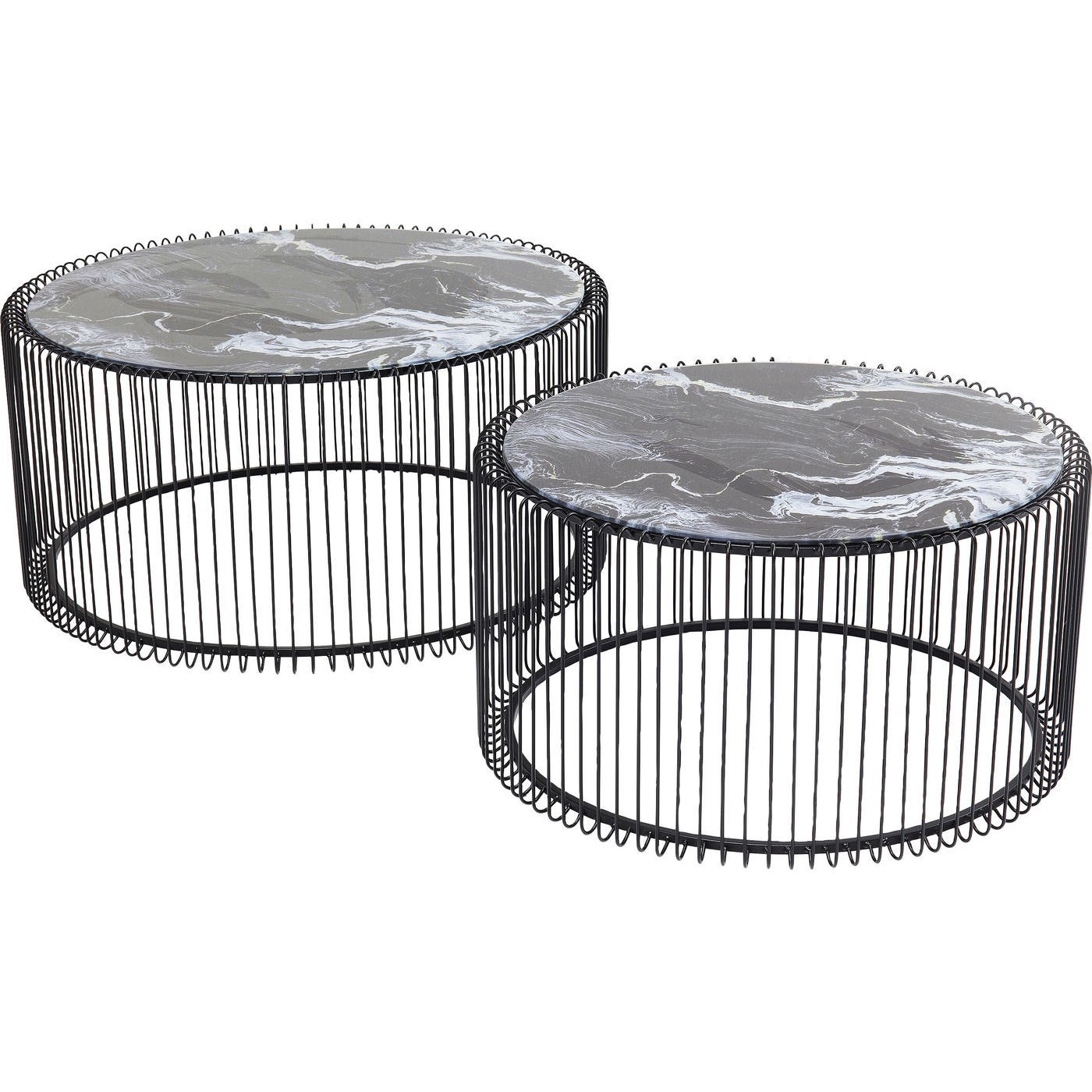2 tables basses rondes en acier noir et verre effet marbre