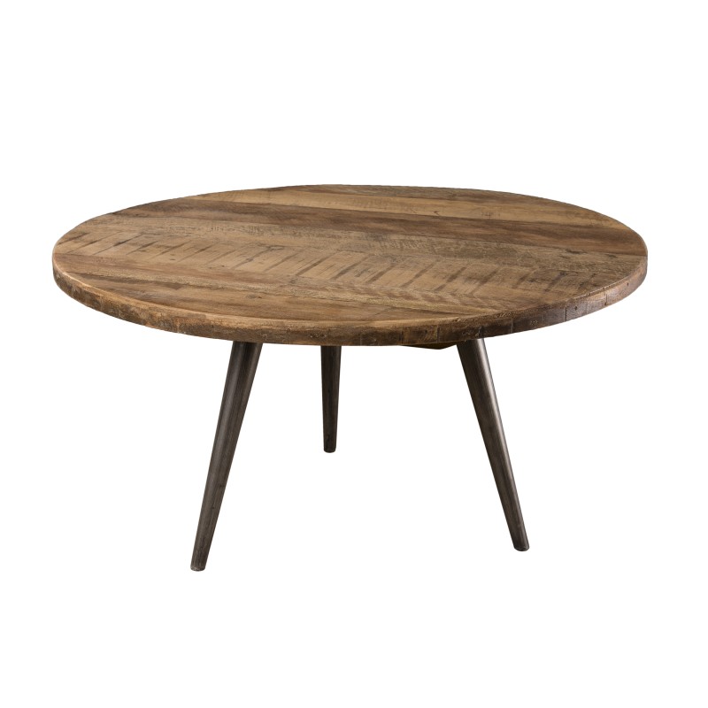 Table basse d'appoint ronde bois teck recyclé et pieds métal
