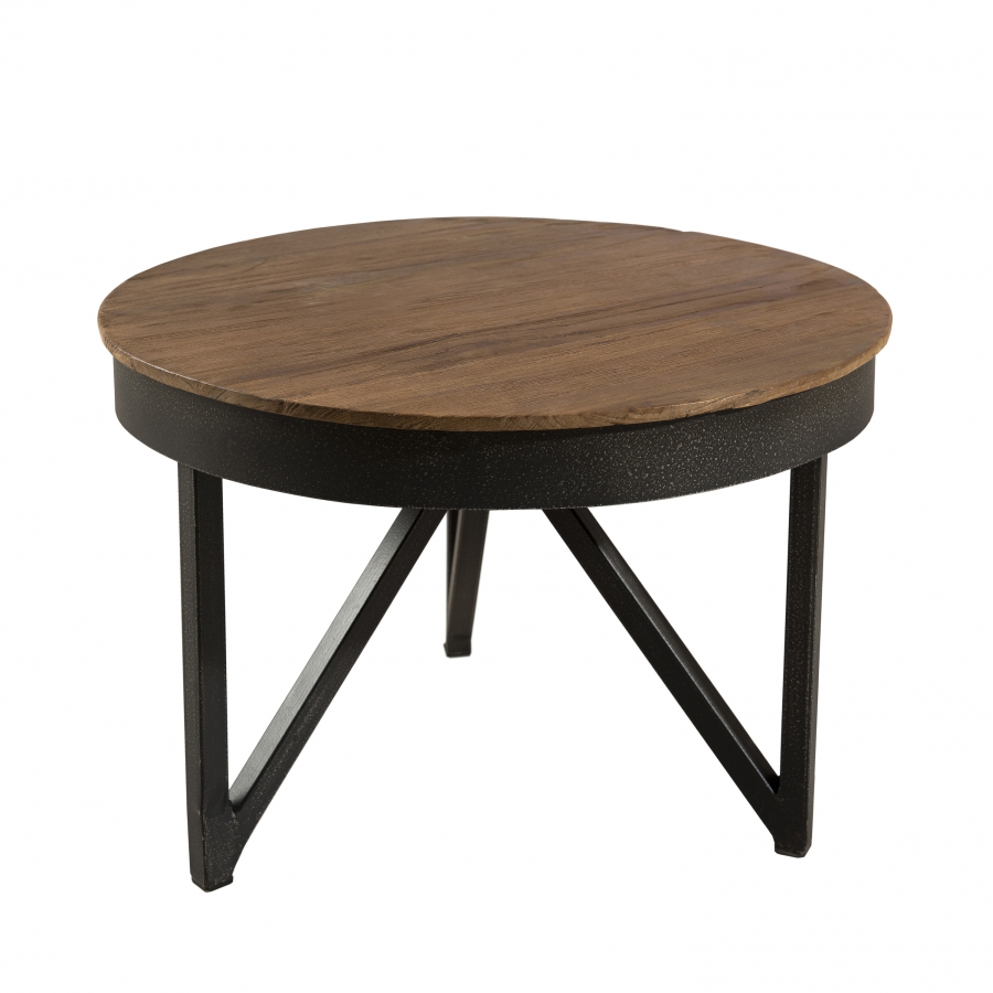 Table basse ronde d'appoint plateau teck recyclé pieds métal noir D50 Table basse ronde d'appoint plateau teck recyclé pieds métal noir D50