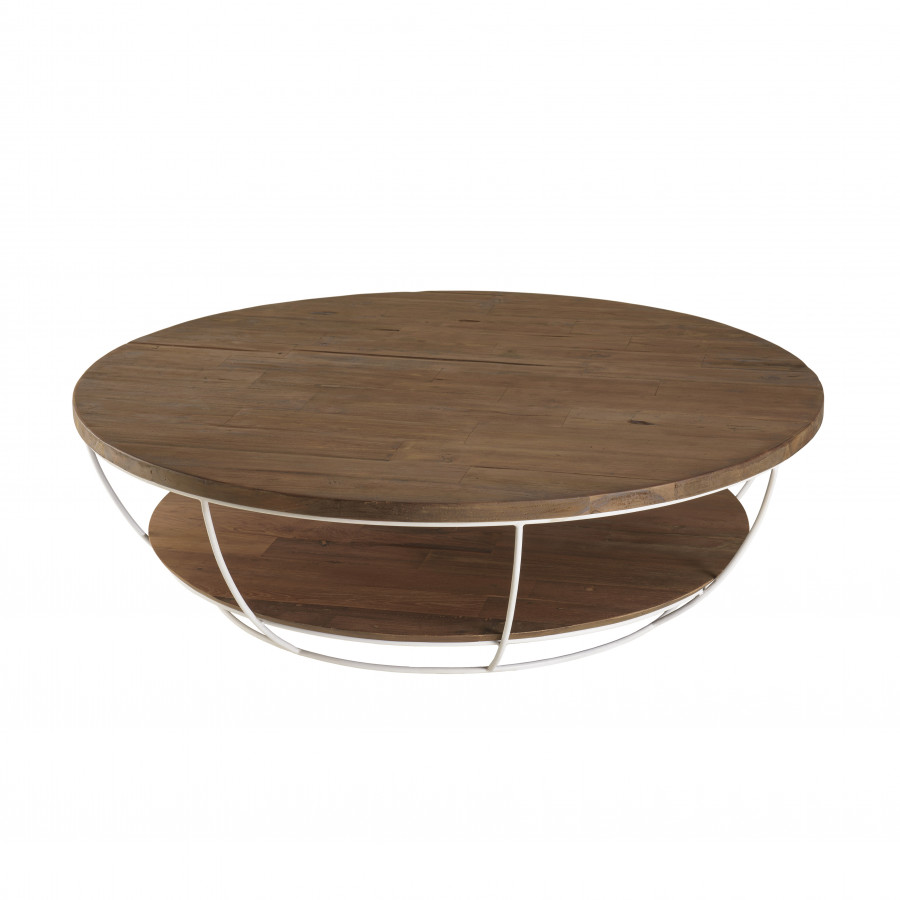 Table basse coque 2 plateaux 120 bois teck recyclÃ© mÃ©tal blanc