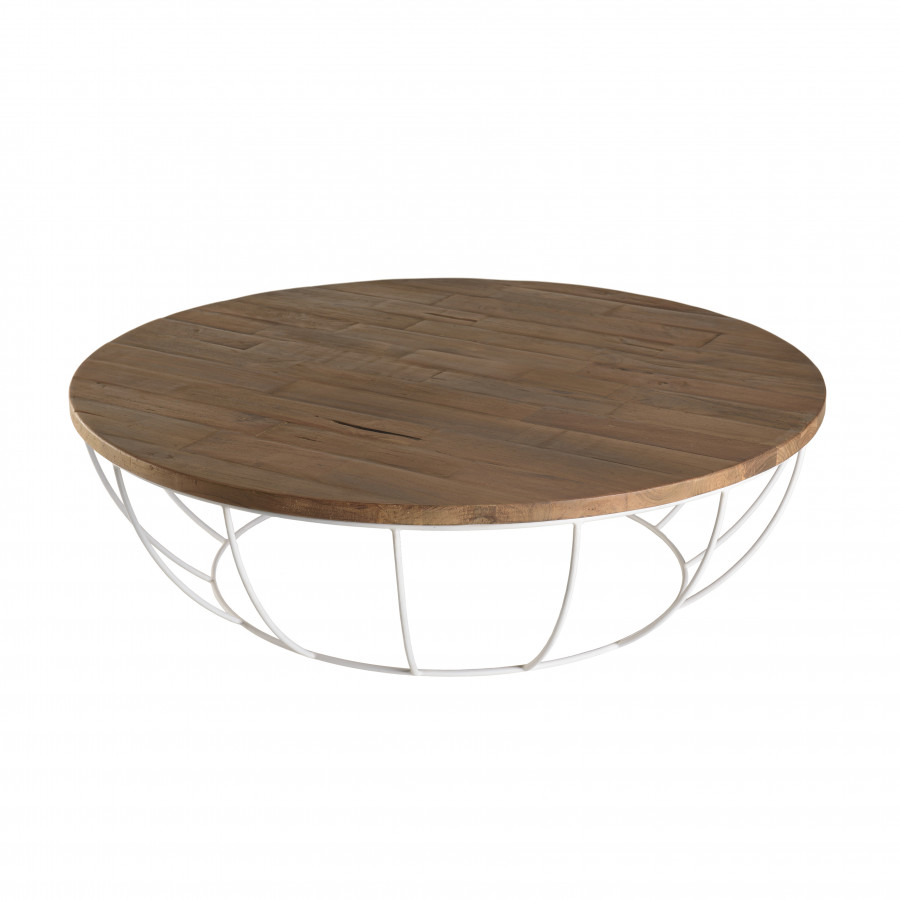 Table basse coque 120 cm bois teck recyclé métal blanc Table basse coque 120 cm bois teck recyclé métal blanc
