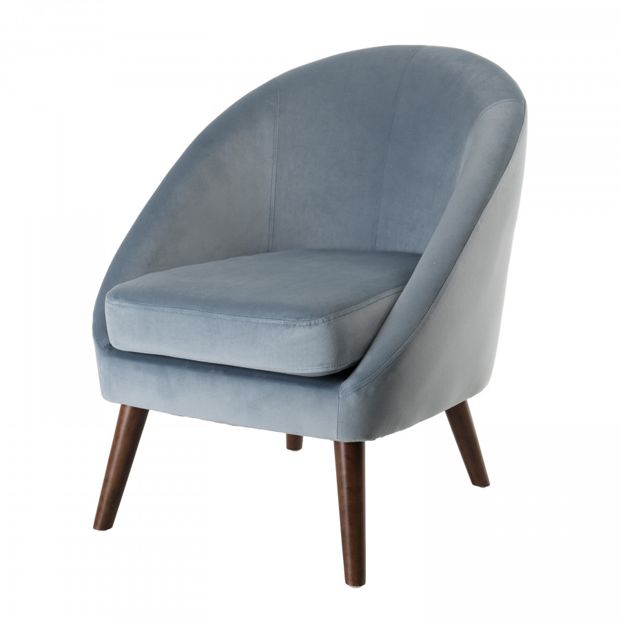 Fauteuil tissu velours bleu clair pieds bois