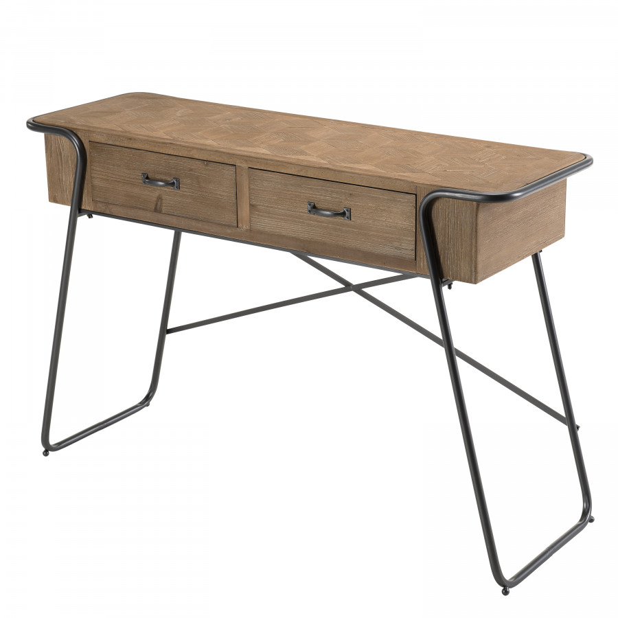 Console 2 tiroirs plateau bois sapin marqueté pieds métal Console 2 tiroirs plateau bois sapin marqueté pieds métal