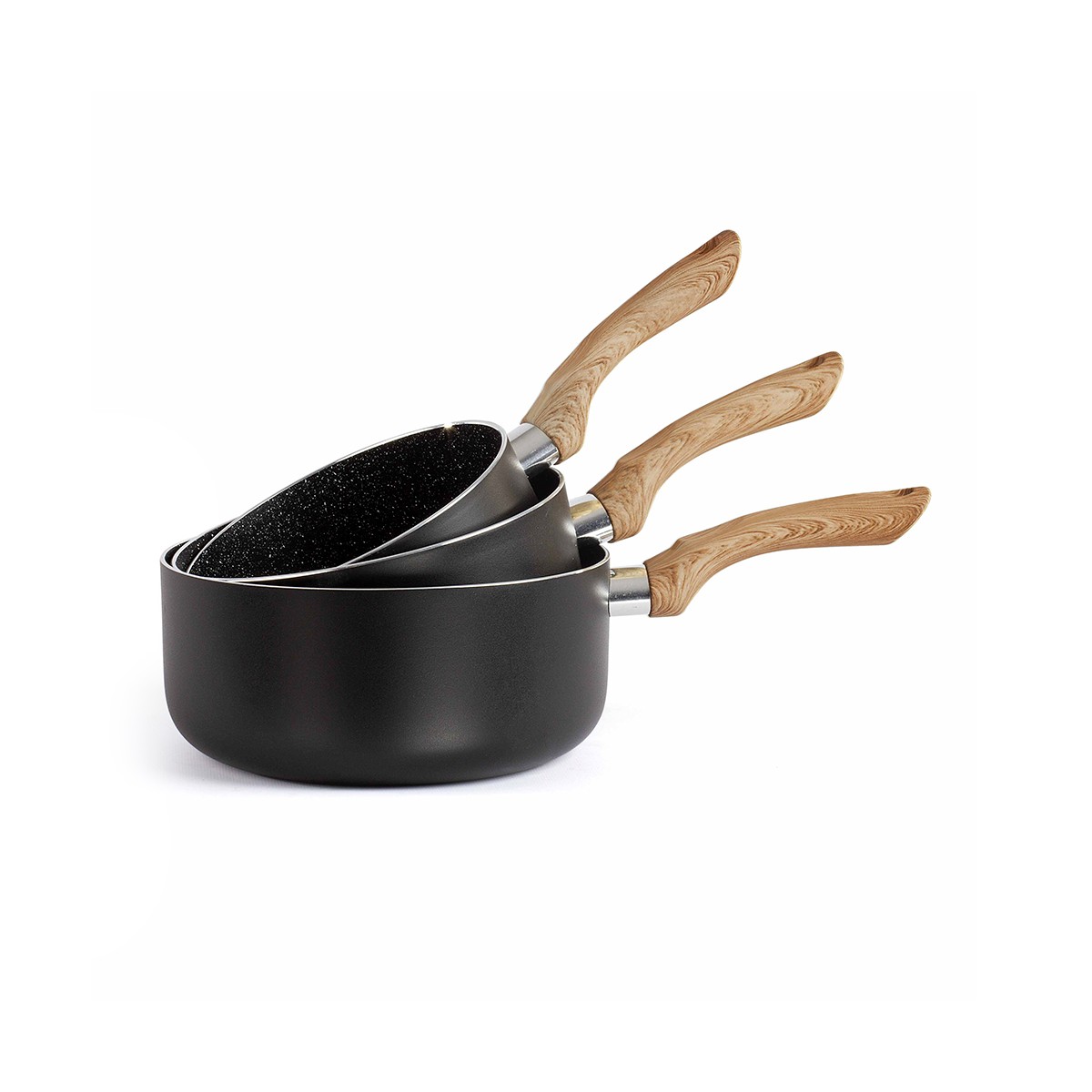 Set de 3 casseroles aspect pierre & bois en aluminium noir