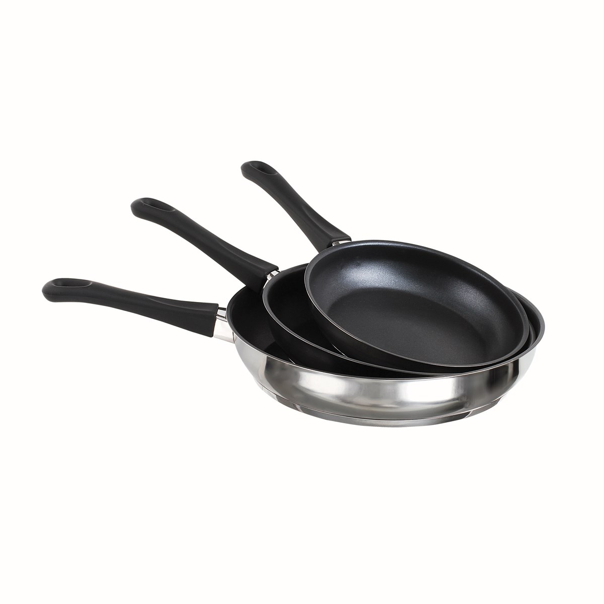 Set de 3 poêles finition inox en acier inoxydable gris
