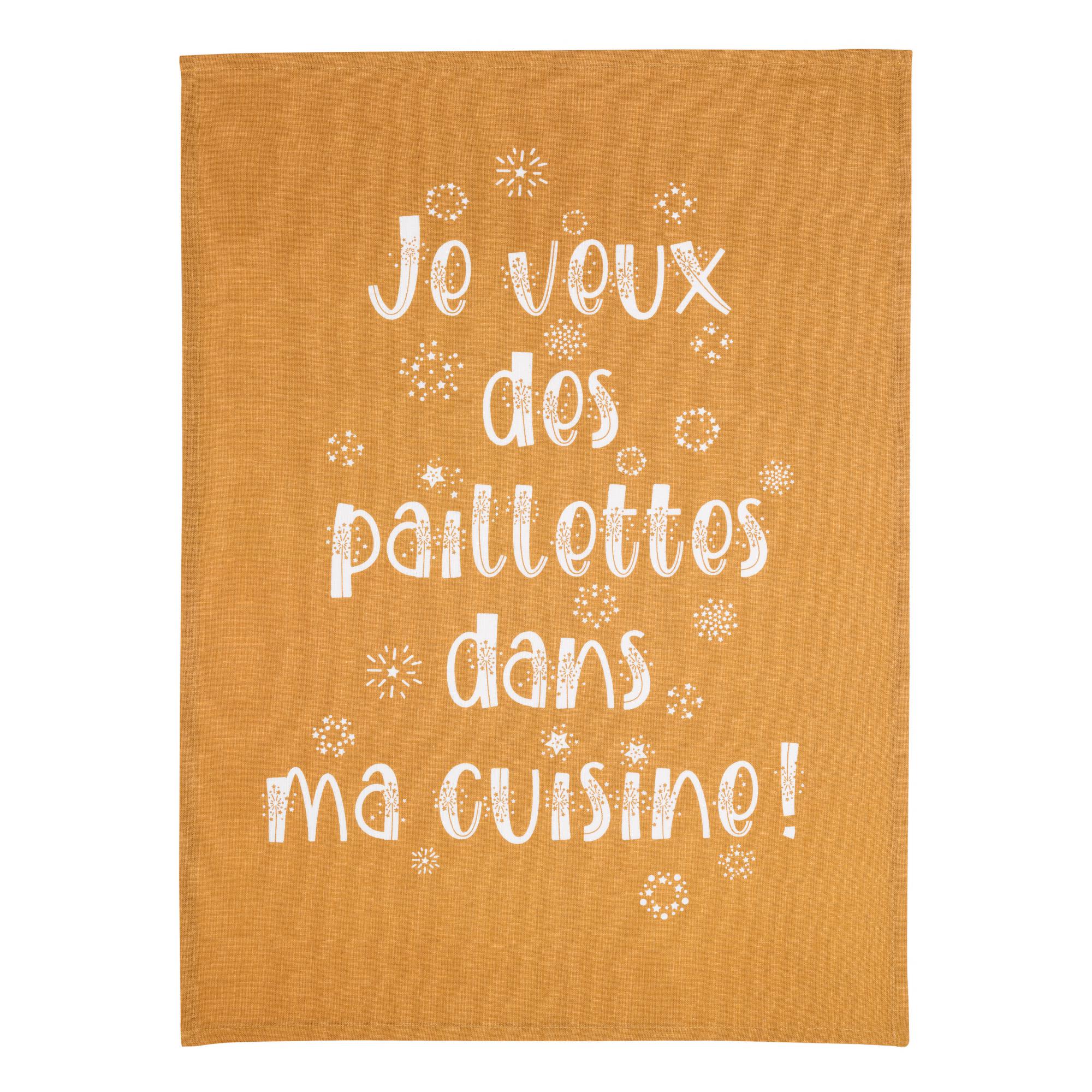 Torchon message je veux des paillettes en coton bronze 70 x 50 Torchon message je veux des paillettes en coton bronze 70 x 50