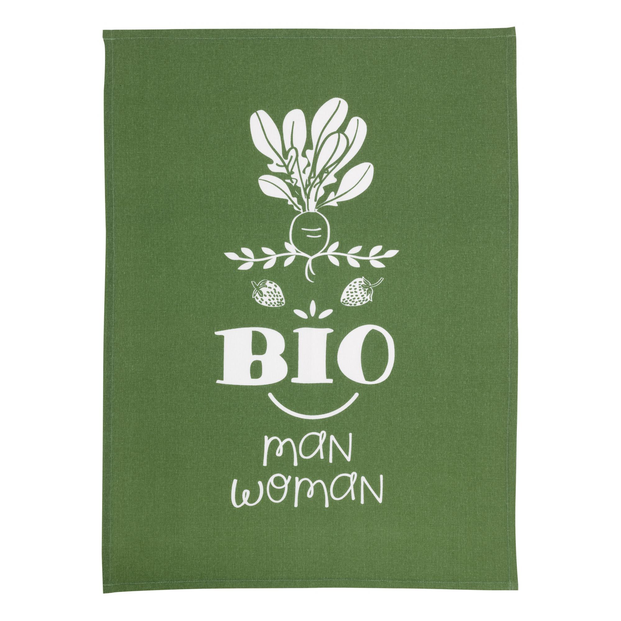 Torchon message bioman et woman en coton vert 70 x 50 Torchon message bioman et woman en coton vert 70 x 50