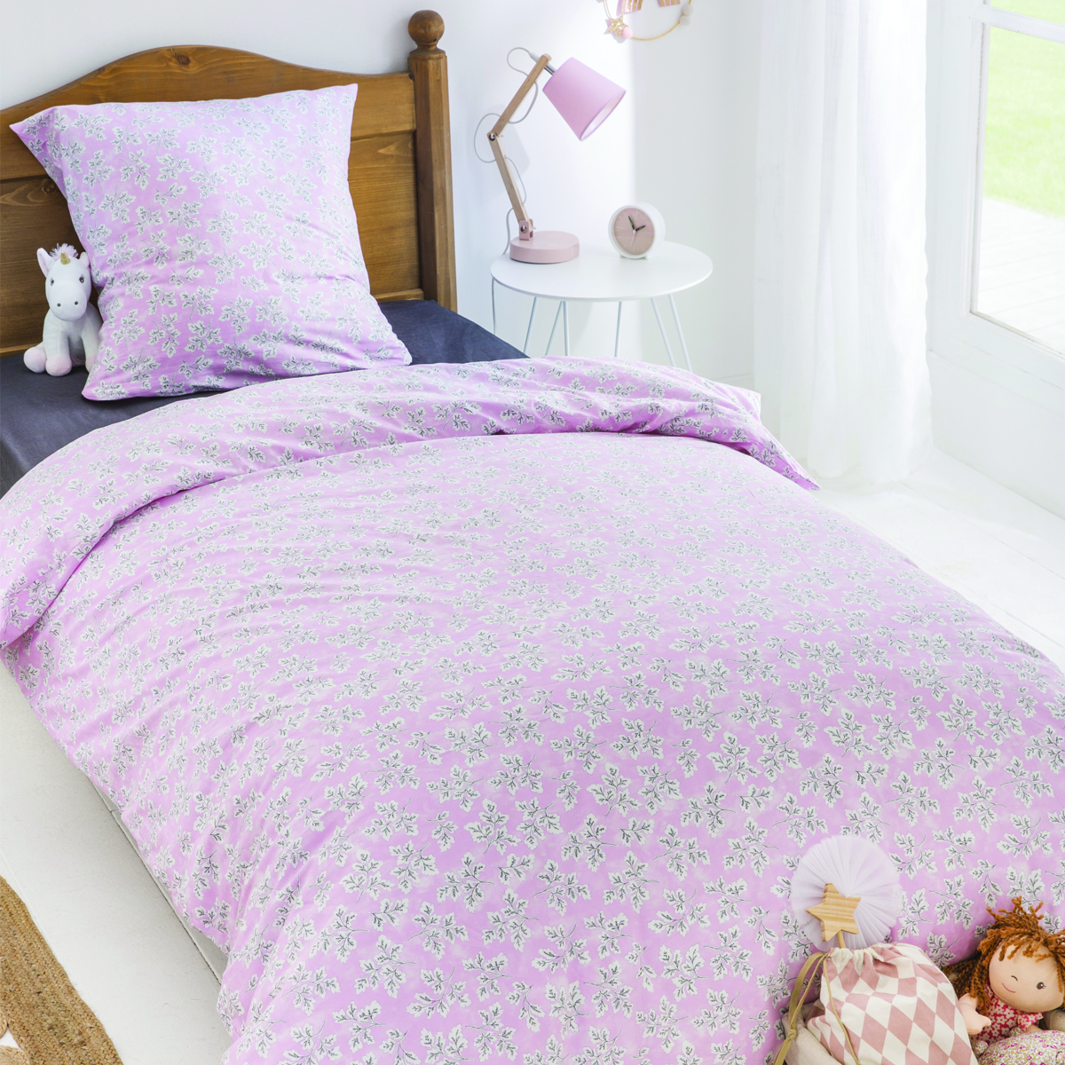 Parure de lit imprimée en coton rose 140x200