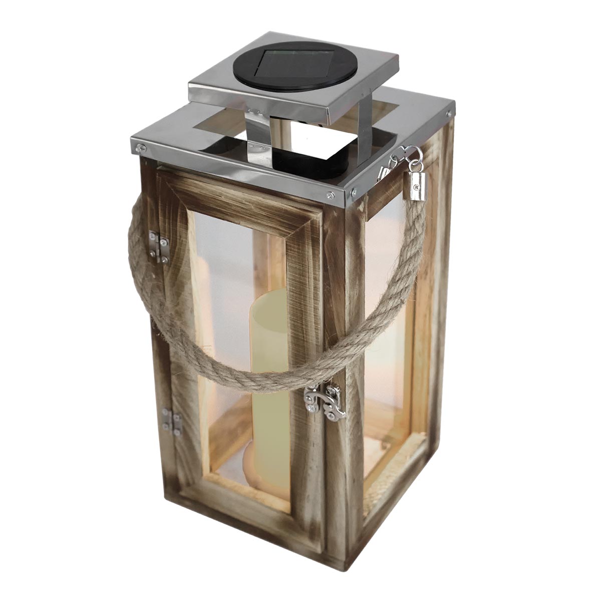 Lanterne solaire avec poignée bois beige H41cm Lanterne solaire avec poignée bois beige H41cm