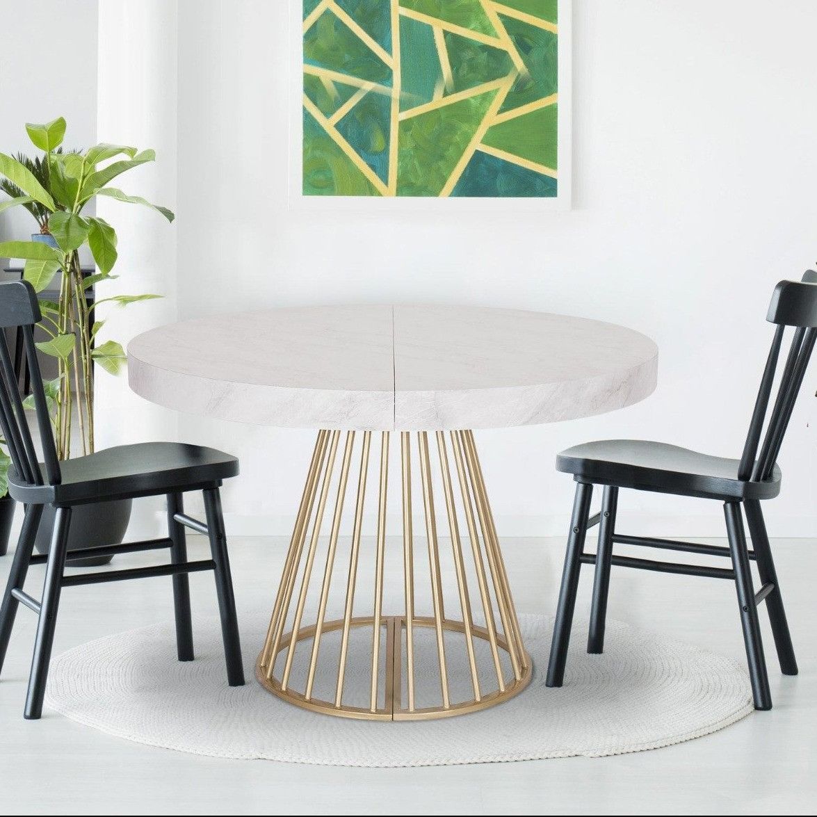 Table ronde extensible effet marbre pieds or Table ronde extensible effet marbre pieds or