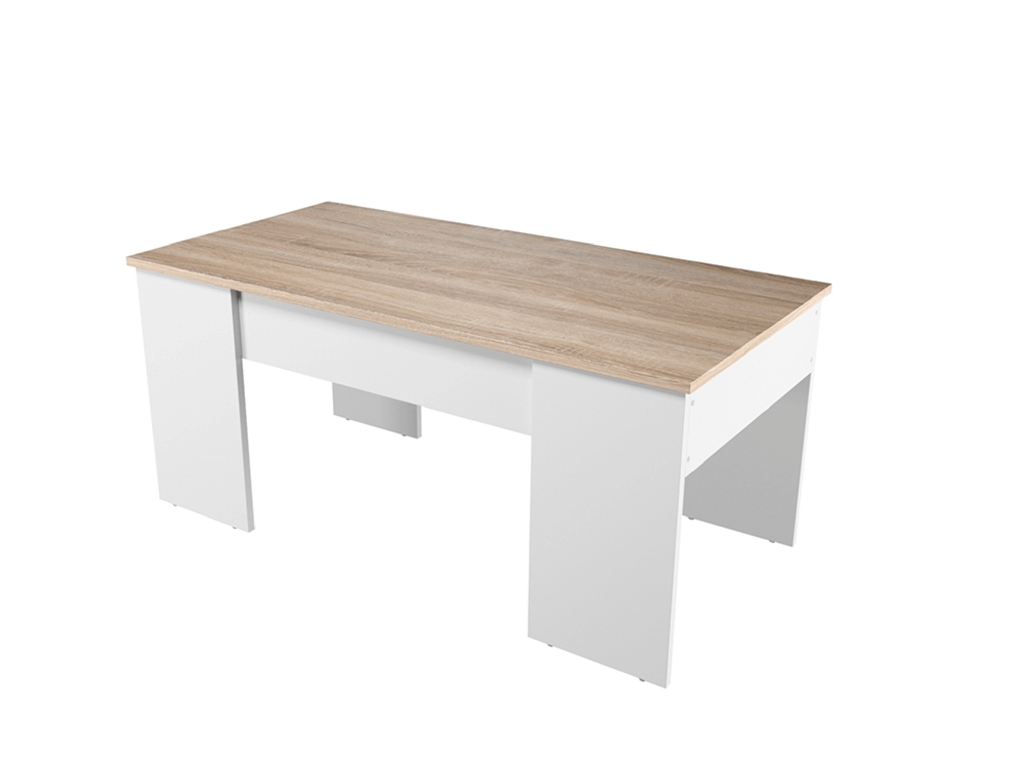 Table basse blanche/bois avec plateau relevable et rangement