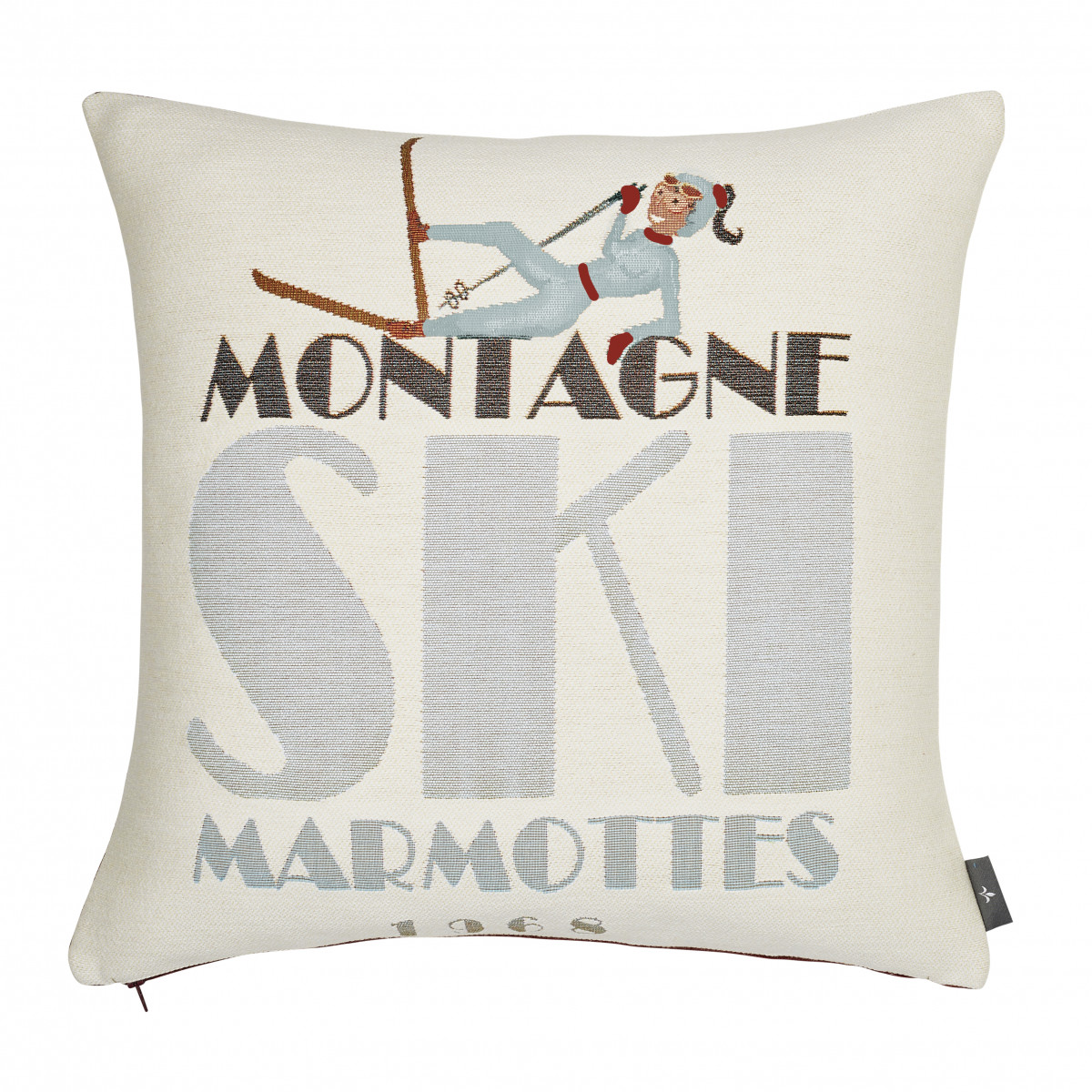 Coussin tapisserie chute de ski made in france blanc 50x50 Coussin tapisserie chute de ski made in france blanc 50x50