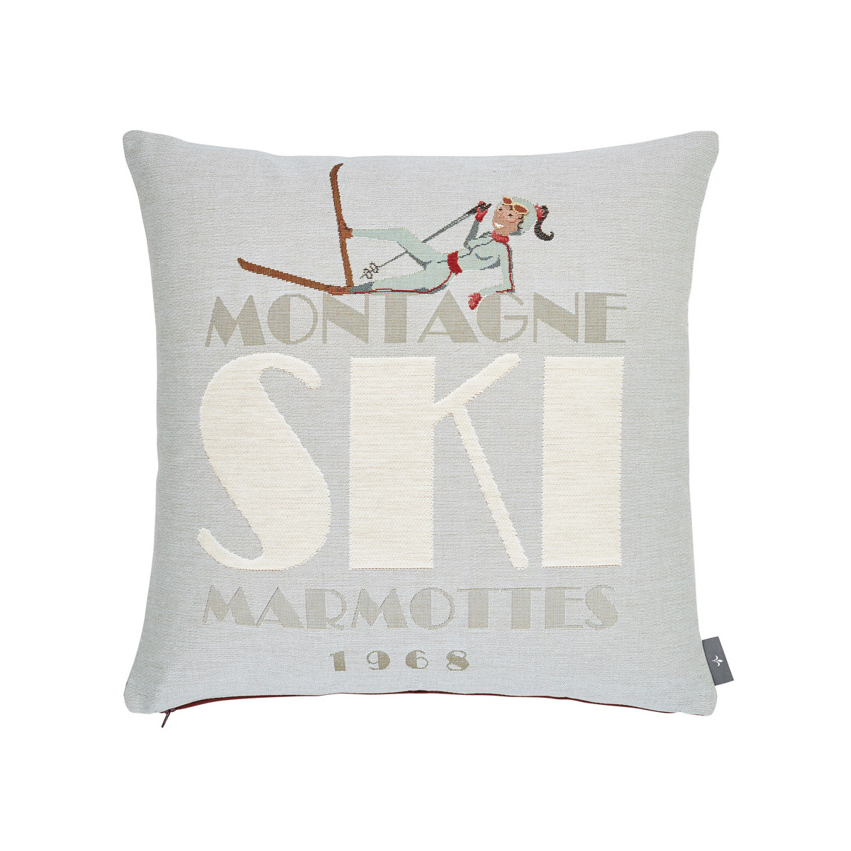 Coussin tapisserie chute de ski made in france bleu 50x50 Coussin tapisserie chute de ski made in france bleu 50x50