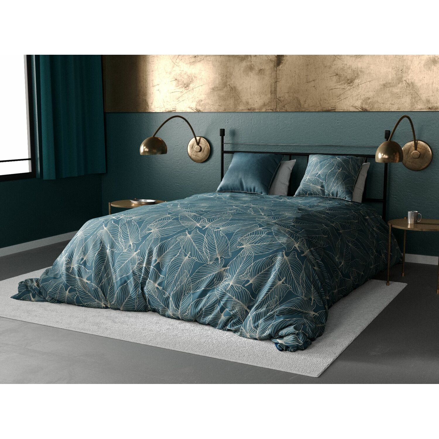 Parure de lit en percale bleu 200x200 + 2 to 65x65