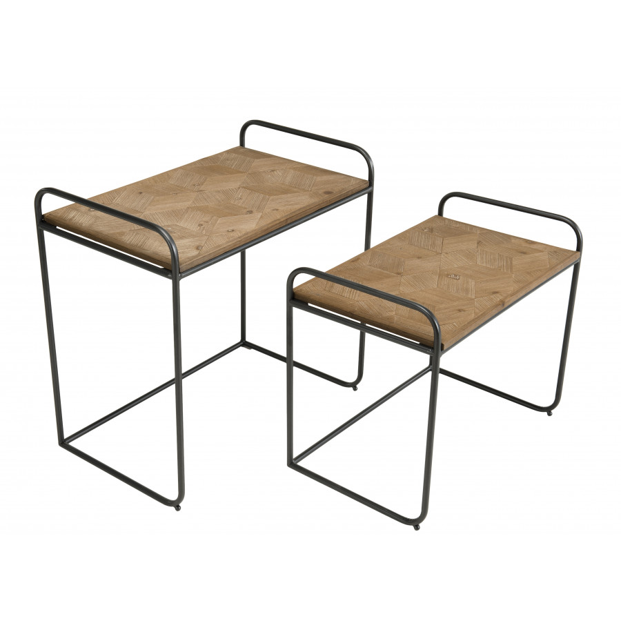2 tables d'appoint gigognes bois sapin marqueté pieds métal 2 tables d'appoint gigognes bois sapin marqueté pieds métal