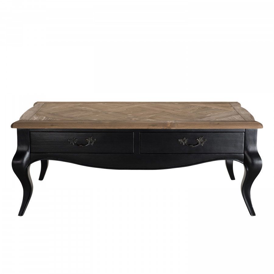 Table basse 2 tiroirs plateau bois pin vieilli noire Table basse 2 tiroirs plateau bois pin vieilli noire