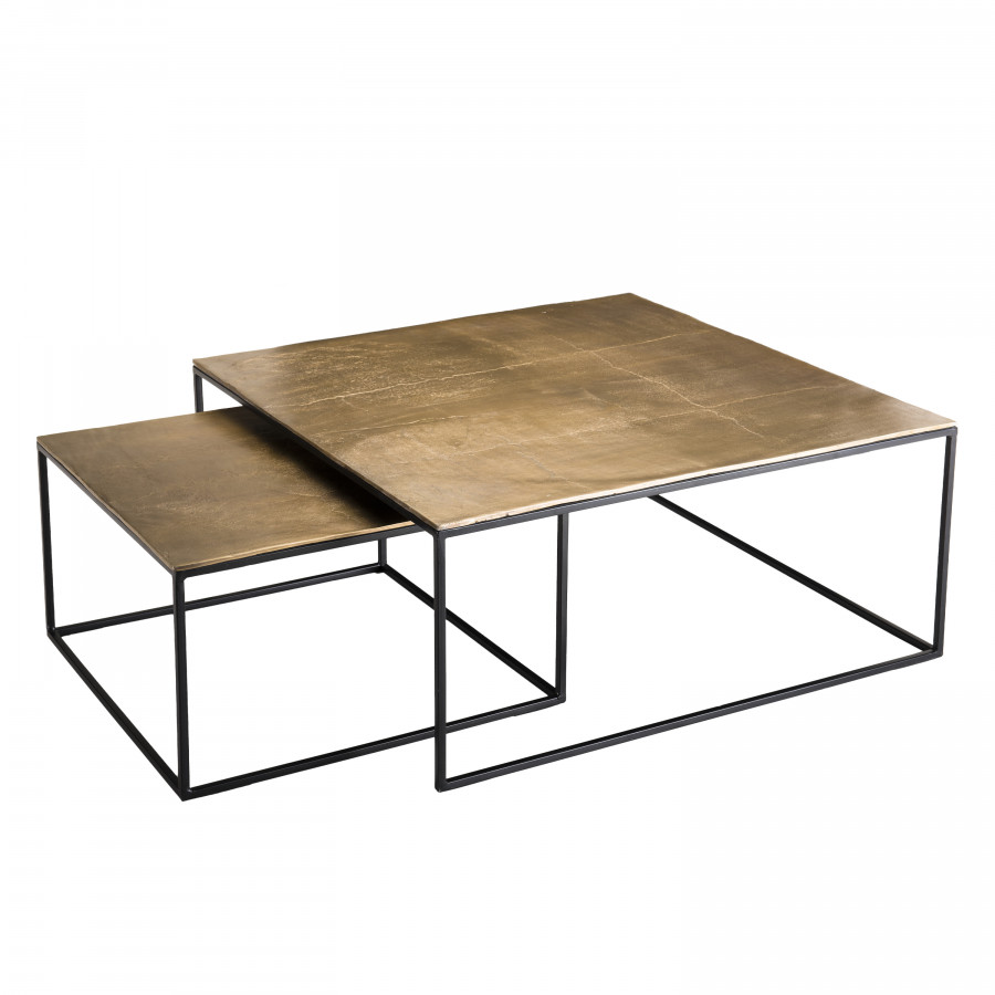 2 tables gigognes carrées aluminium doré pieds métal noir L89