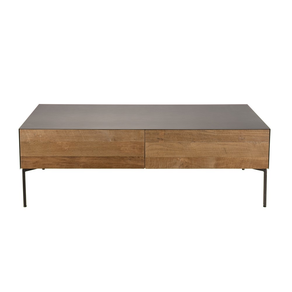 Table basse 2 tiroirs bois teck recyclé métal et pieds métal