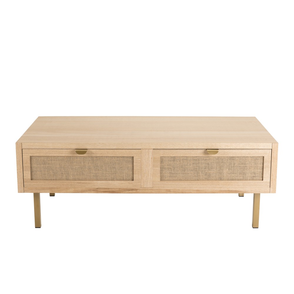 Table basse 2 tiroirs toile de jute pieds métal doré Table basse 2 tiroirs toile de jute pieds métal doré
