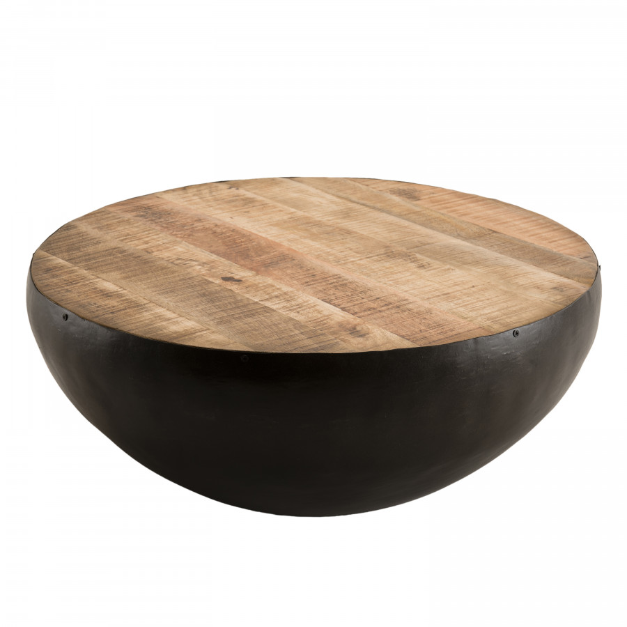 Table basse ronde bois manguier et métal noir D71