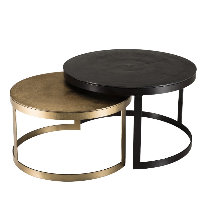 2 tables rondes gigognes aluminium noir doré pieds métal D75