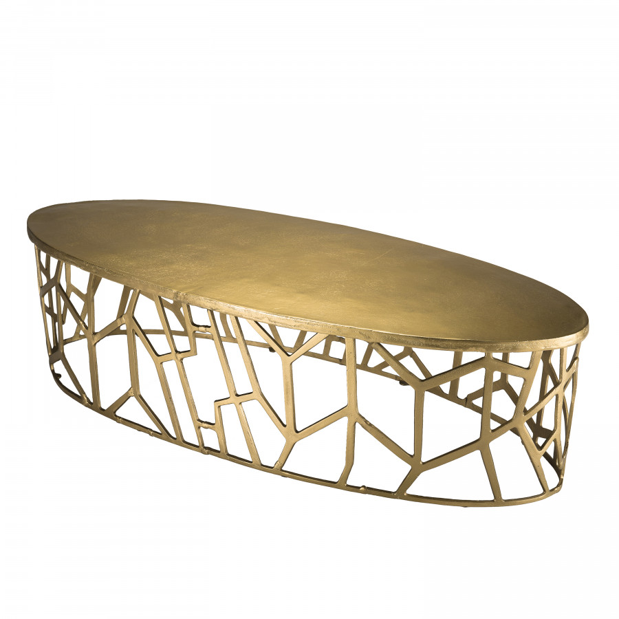 Table basse ovale pietement graphique aluminium dorÃ©