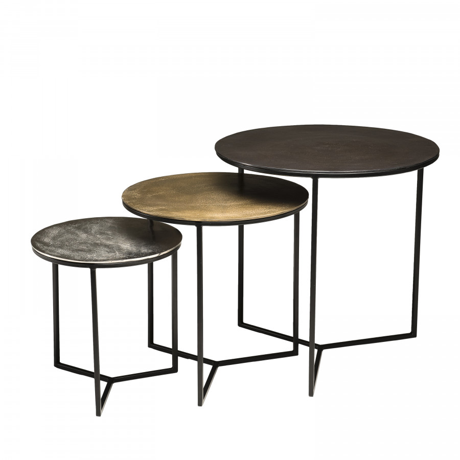 3 tables gigognes rondes aluminium noir doré argenté métal noir D60