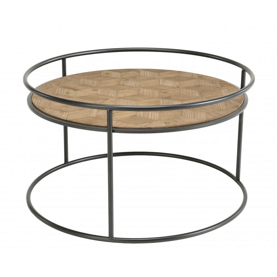 Table basse ronde bois sapin marqueté pieds métal