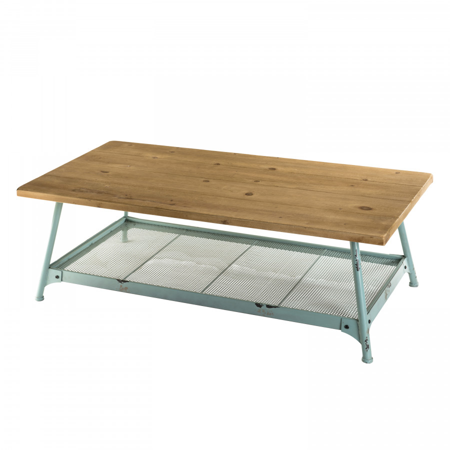 Table basse 1 étagère en sapin pieds métal bleu clair L120