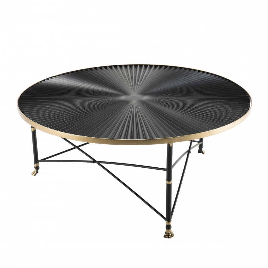 Table basse ronde ceinture dorée pieds métal noir