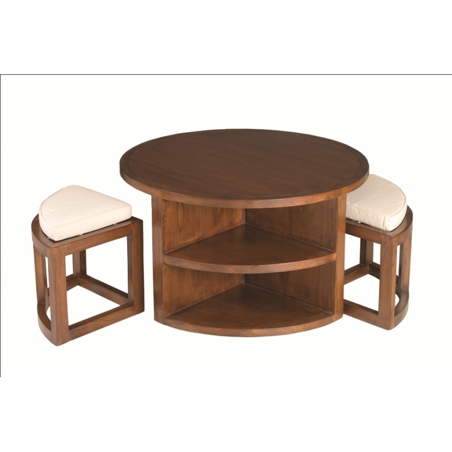 Table basse ronde 2 tabourets avec coussins bois