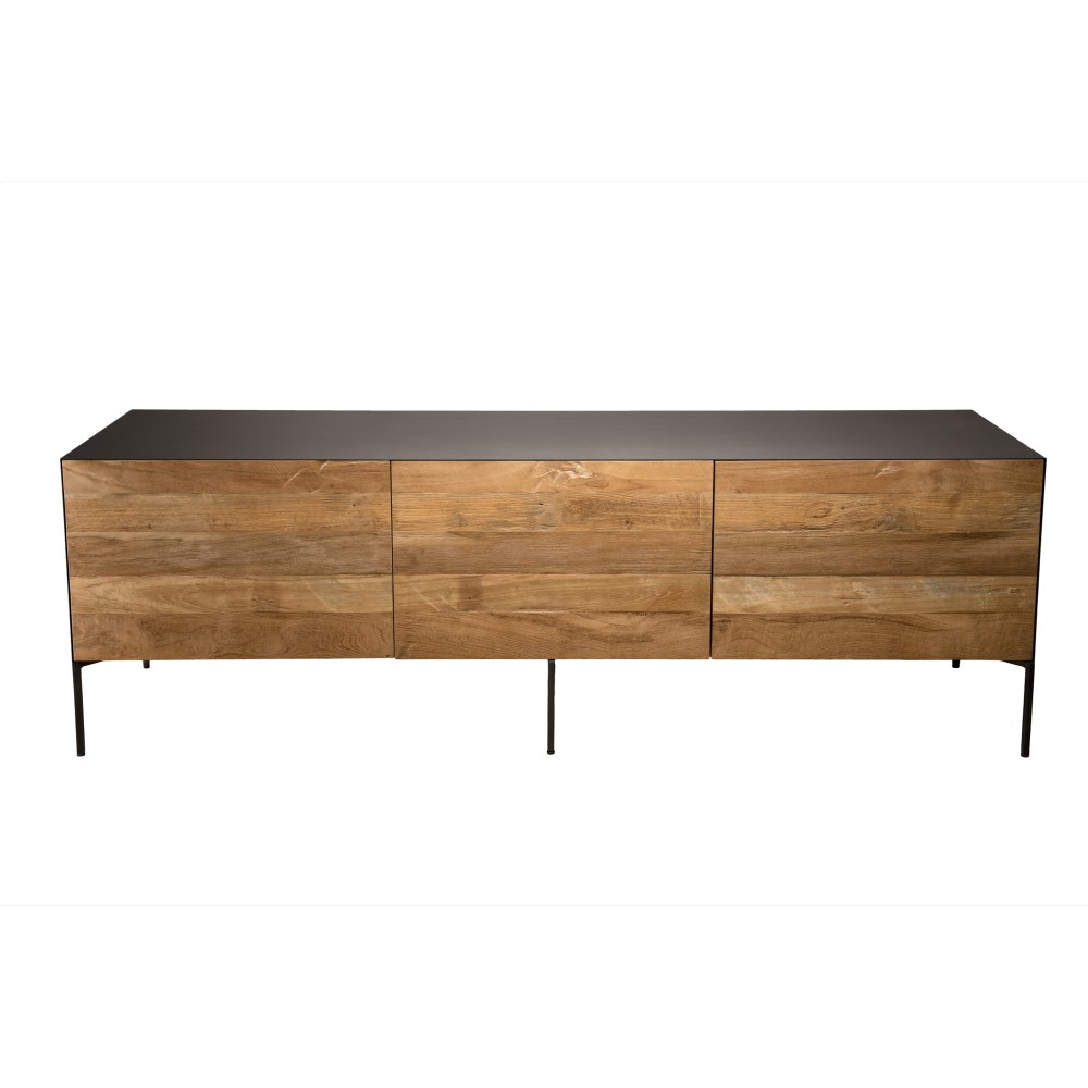 Meuble TV portes tiroir en teck recyclé pieds métal gris anthracite