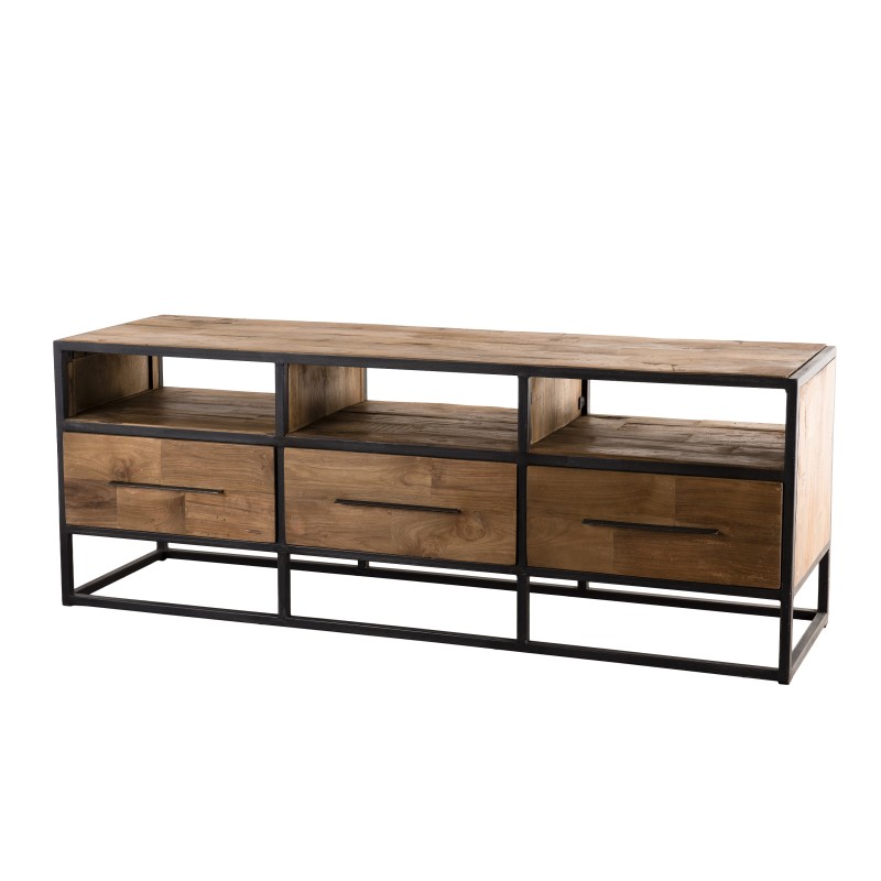Meuble TV 3 niches 3 tiroirs bois teck recyclé et métal Meuble TV 3 niches 3 tiroirs bois teck recyclé et métal