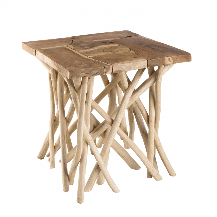 Table d'appoint nature plateau bois teck pieds bois flottÃ©