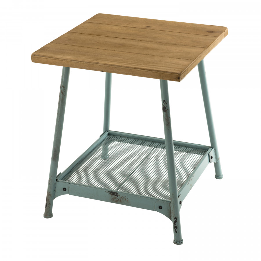 Table d'appoint 1 étagère en sapin pieds métal bleu clair L51