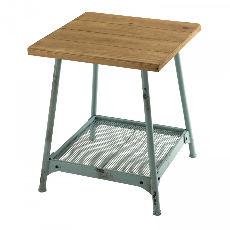 Table d'appoint scandi 1 Ã©tagÃ¨re bois sapin pieds mÃ©tal bleu