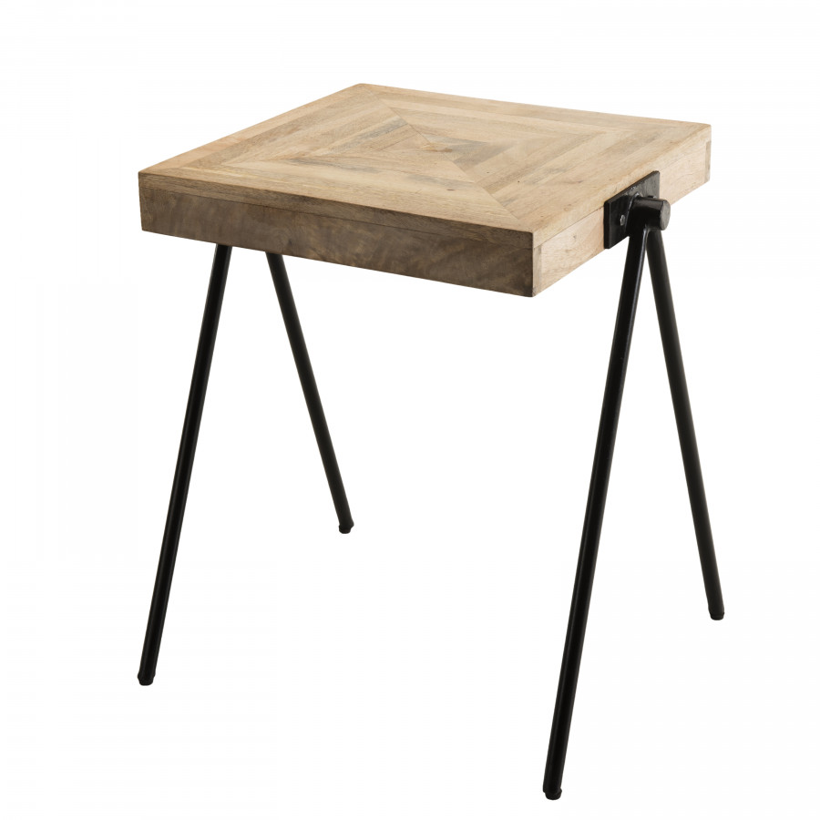 Table d'appoint carrée bois manguier pieds métal noir compas L53