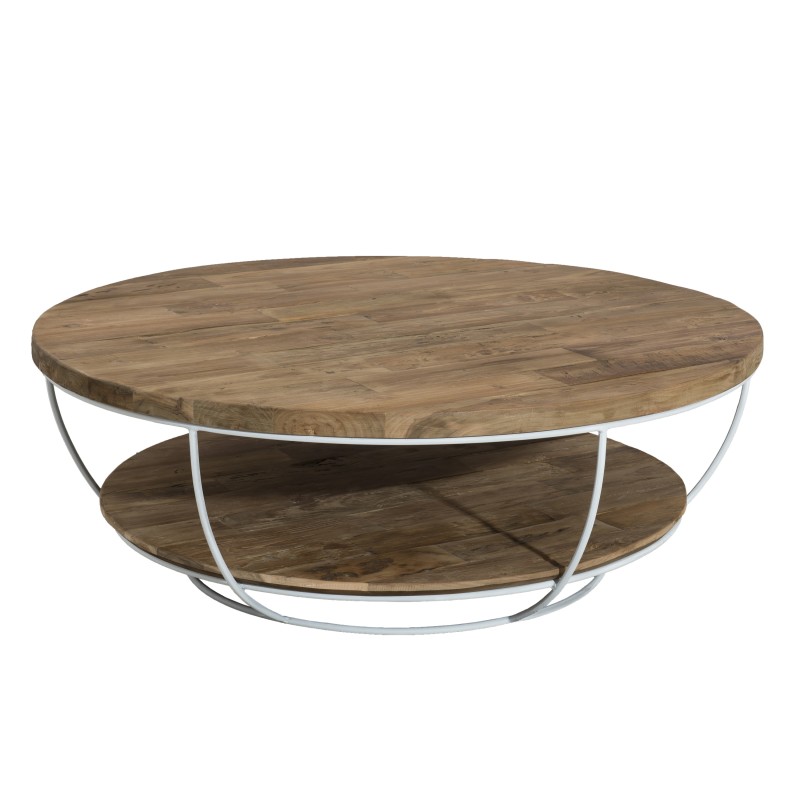 Table basse coque 2 plateaux 100 bois teck recyclé métal blanc Table basse coque 2 plateaux 100 bois teck recyclé métal blanc