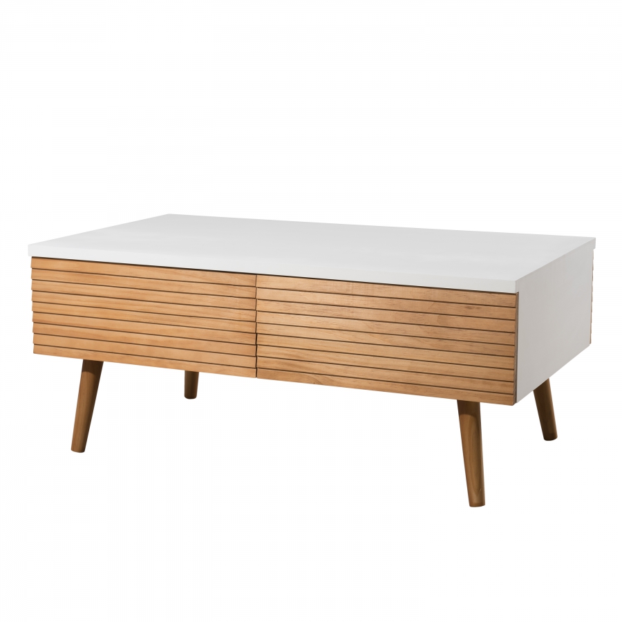 Table basse 4 tiroirs en bois clair et blanc L90