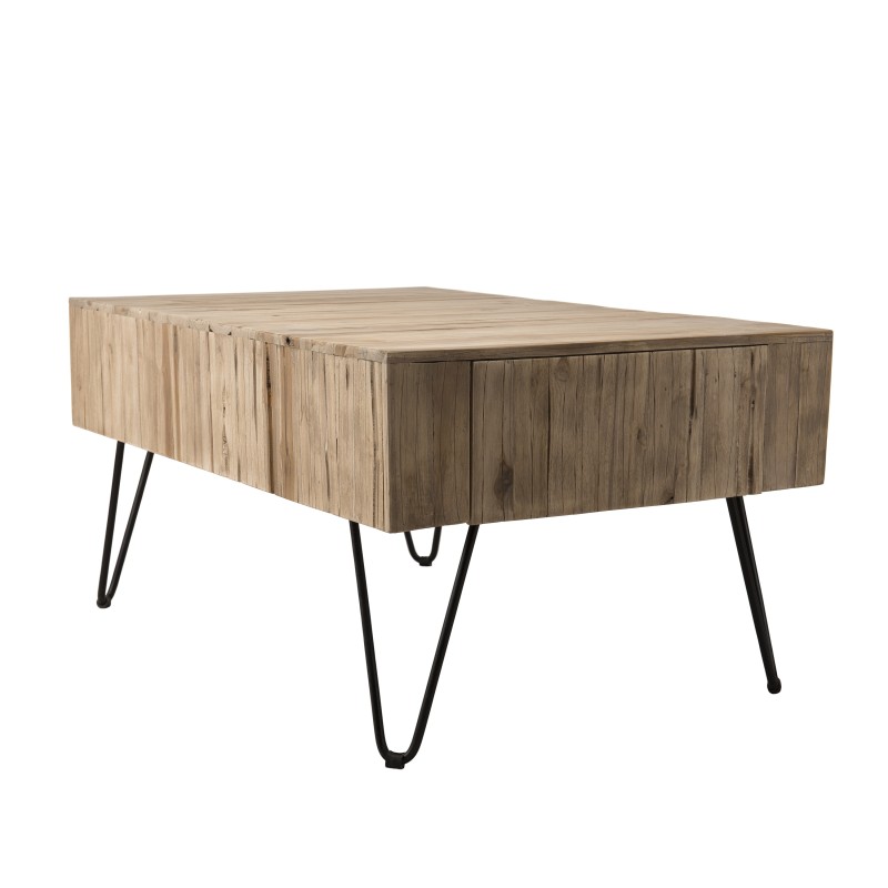 Table basse 2 tiroirs plateau bois teck pieds épingles métal Table basse 2 tiroirs plateau bois teck pieds épingles métal