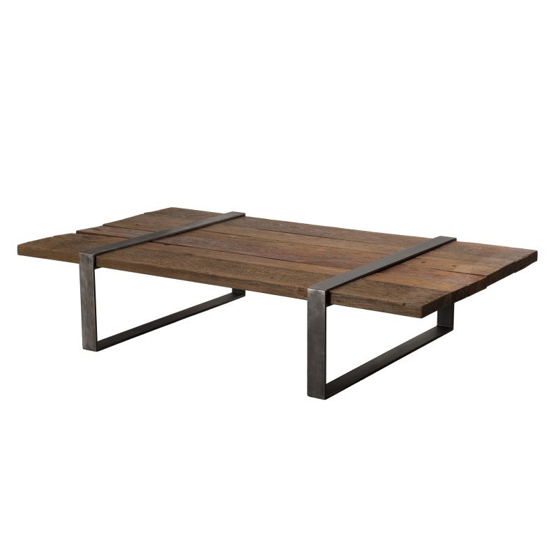 Table basse multi-planches en bois massif cerclée métal L161