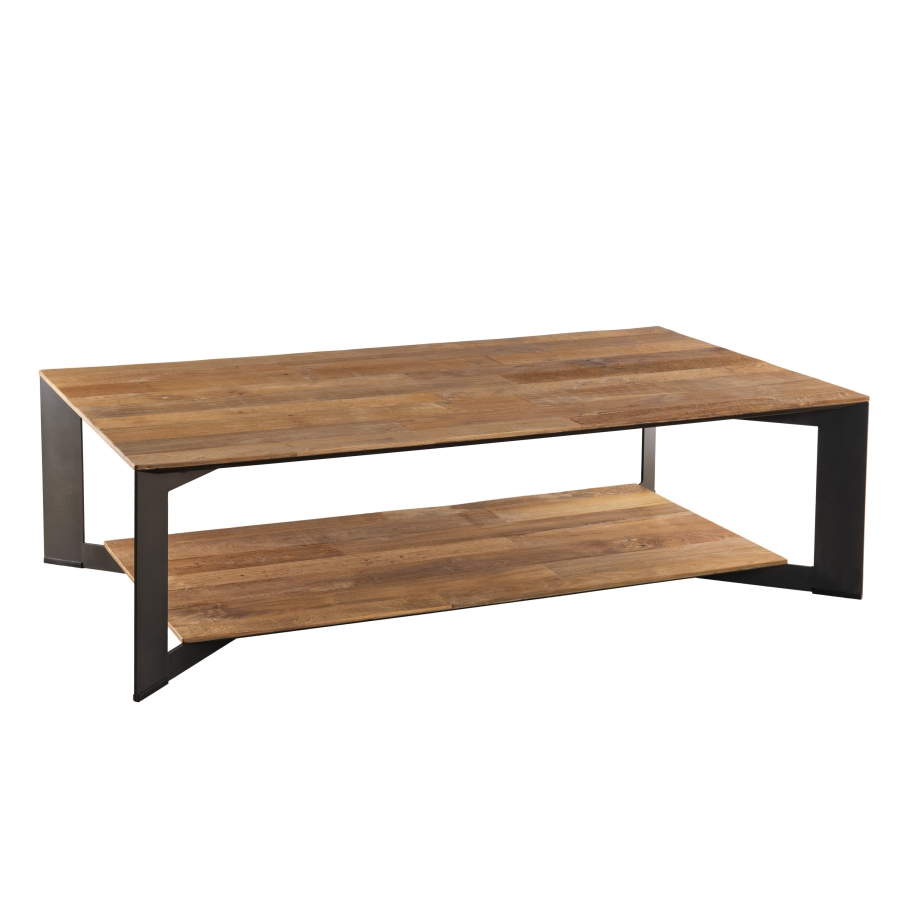 Table basse avec tablette bois teck recyclé pieds métal Table basse avec tablette bois teck recyclé pieds métal