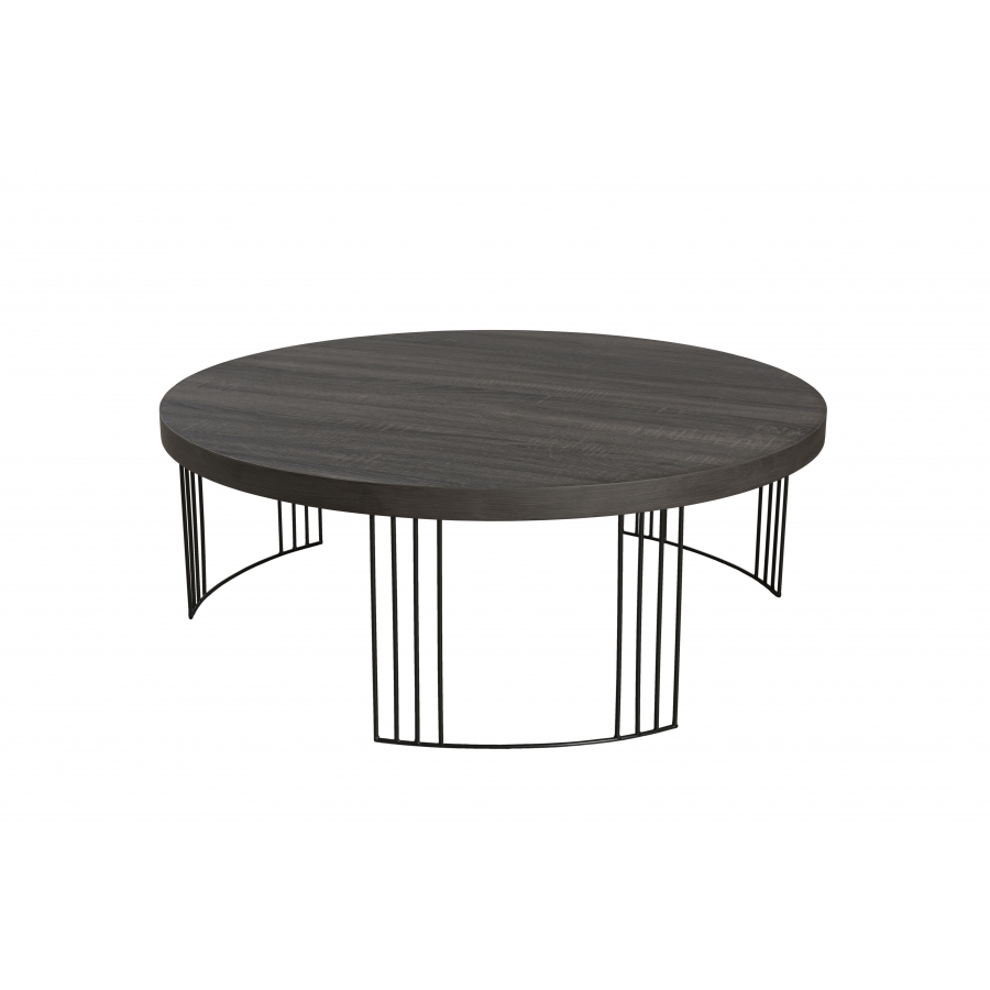 Table basse ronde plateau bois gris fonçé pieds métal noir D95