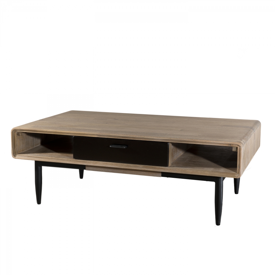 Table basse 2 tiroirs 2 niches bois et métal Table basse 2 tiroirs 2 niches bois et métal