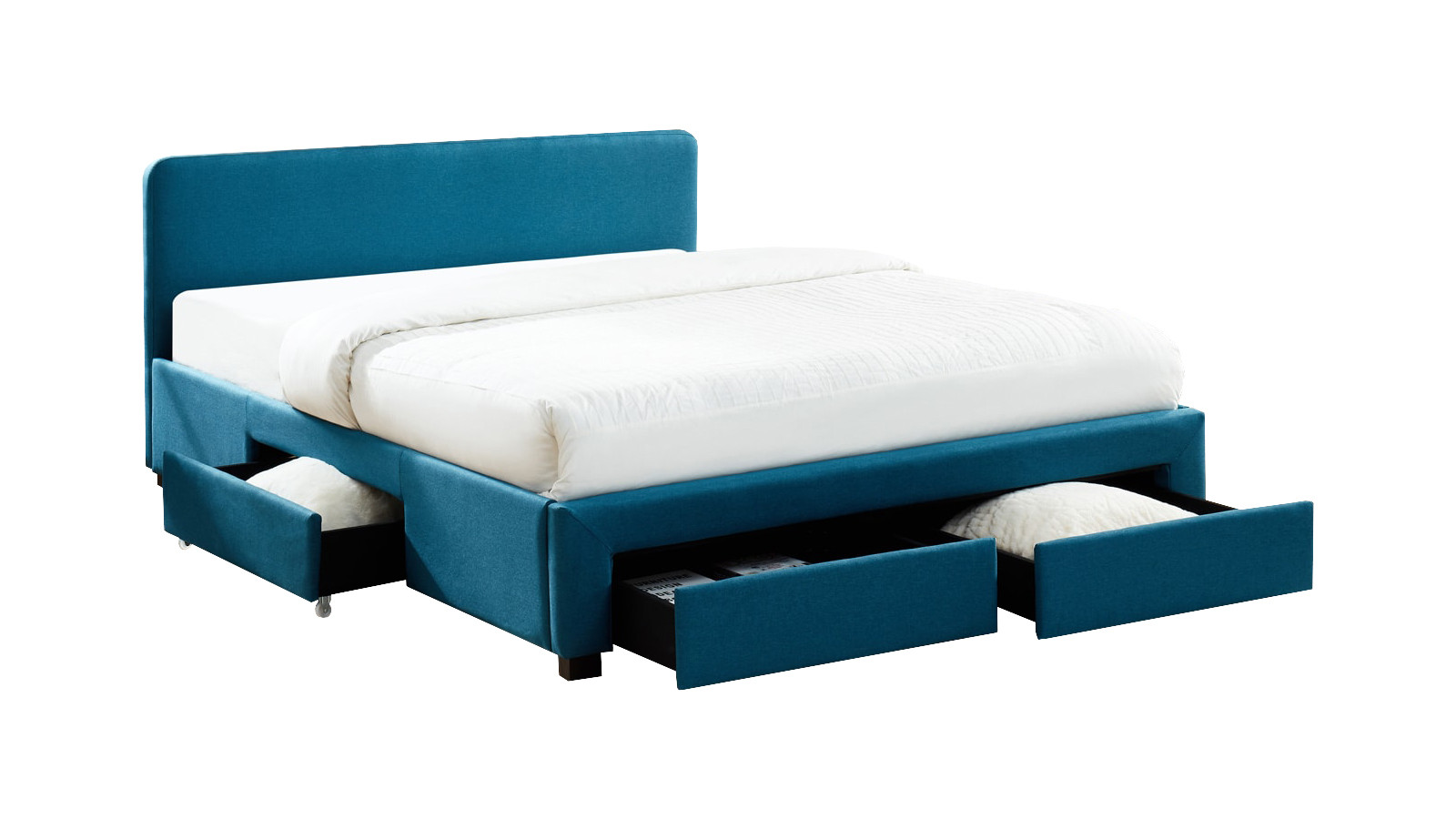 Lit à tiroirs en tissu bleu canard 160x200 avec sommier et tête de lit (photo) Lit à tiroirs en tissu bleu canard 160x200 avec sommier et tête de lit